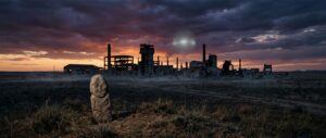 A vast, atmospheric panoramic view of the Kazakh steppe at twilight, with an endless flat grassland stretching to the horizon under a dramatic bruised sky of deep purples and burnt oranges. In the mid-ground, the skeletal ruins of an abandoned Soviet industrial complex — corroded metal structures, crumbling concrete towers, and broken machinery — stand silhouetted against the glowing horizon. Faint wisps of mist curl low across the ground. In the foreground, a lone weathered stone totem or ancient carved figure partially buried in the earth hints at pre-industrial nomadic heritage. A barely visible soft luminescent orb or atmospheric glow hovers distantly above the ruins, ambiguous and unexplained. The overall mood is eerie, desolate, and mysterious, blending ancient sacred landscape with Cold War industrial decay. Cinematic editorial photography style, wide-angle perspective, muted earthy tones with cold blue shadows, high detail, realistic lighting.