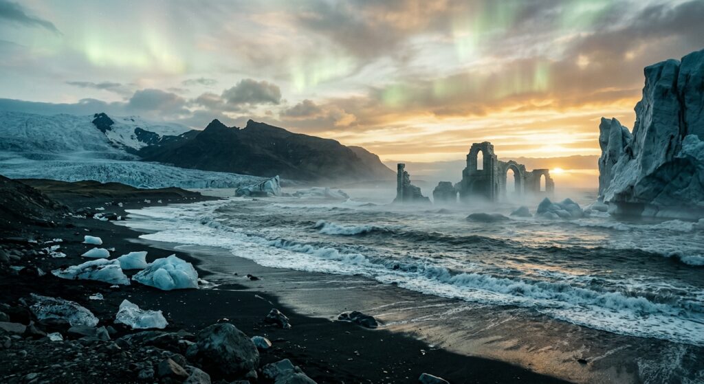A vast, ethereal arctic landscape at the edge of the known world, where towering glaciers and dark volcanic black sand beaches meet a turbulent iron-grey sea under a midnight sun casting long golden light across the horizon. In the distance, ghostly ruins of ancient stone structures emerge half-submerged from the icy waters, draped in mist. The sky shimmers with faint auroras blending into pale summer light, evoking both timelessness and mystery. The scene feels both majestic and melancholic, as if preserving the memory of a forgotten civilization swallowed by rising seas at the end of the last ice age. Dramatic cinematic lighting, painterly editorial style with rich cool blues, deep teals, and warm amber tones, highly detailed, evocative and atmospheric.