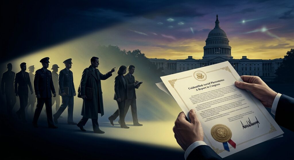 A dramatic and atmospheric editorial illustration depicting a symbolic scene of government transparency and UFO disclosure: a large, official-looking presidential document with a formal wax seal being opened or unfolded, with shadowy silhouettes of military personnel, intelligence officers, and government witnesses emerging from darkness into light. In the background, subtle aerial anomalies — glowing geometric shapes and unexplained aerial phenomena — hover in a twilight sky above the silhouette of Washington D.C.'s Capitol building. The overall mood is serious, historically significant, and slightly mysterious. Cinematic lighting with deep navy blues, golden yellows, and cool whites. Photorealistic editorial style, high detail, no text or logos visible.
