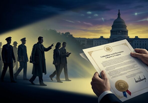 A dramatic and atmospheric editorial illustration depicting a symbolic scene of government transparency and UFO disclosure: a large, official-looking presidential document with a formal wax seal being opened or unfolded, with shadowy silhouettes of military personnel, intelligence officers, and government witnesses emerging from darkness into light. In the background, subtle aerial anomalies — glowing geometric shapes and unexplained aerial phenomena — hover in a twilight sky above the silhouette of Washington D.C.'s Capitol building. The overall mood is serious, historically significant, and slightly mysterious. Cinematic lighting with deep navy blues, golden yellows, and cool whites. Photorealistic editorial style, high detail, no text or logos visible.