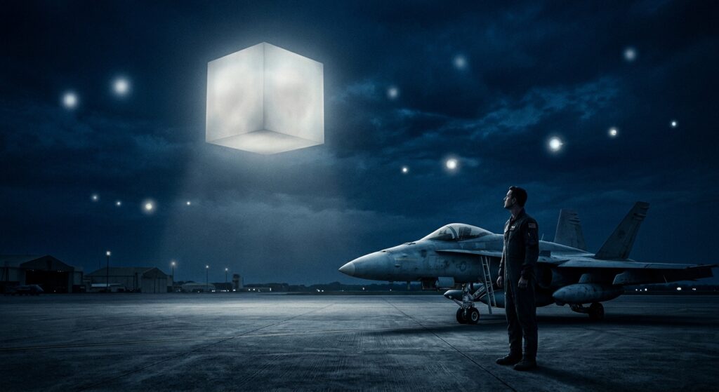 A dramatic and mysterious editorial illustration showing a dark night sky over a military airfield, with a large glowing cubic or rectangular geometric object hovering silently in the atmosphere, emitting diffuse white light. Below, a lone military pilot in a flight suit stands beside a jet aircraft, gazing upward at the anomalous shape. In the distance, additional orb-like lights drift at various altitudes. The scene is rendered in a cinematic, photorealistic style with deep blue and grey tones, subtle infrared-style highlights on the unidentified objects, and a sense of institutional gravity and unease. The overall mood is serious, investigative, and slightly unsettling, evoking government transparency, classified archives, and unexplained aerial phenomena.