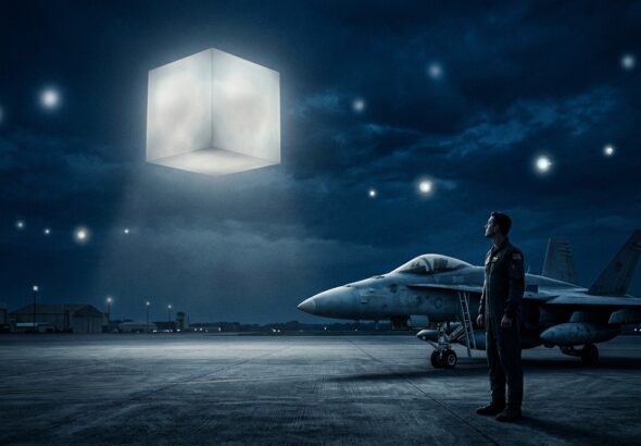A dramatic and mysterious editorial illustration showing a dark night sky over a military airfield, with a large glowing cubic or rectangular geometric object hovering silently in the atmosphere, emitting diffuse white light. Below, a lone military pilot in a flight suit stands beside a jet aircraft, gazing upward at the anomalous shape. In the distance, additional orb-like lights drift at various altitudes. The scene is rendered in a cinematic, photorealistic style with deep blue and grey tones, subtle infrared-style highlights on the unidentified objects, and a sense of institutional gravity and unease. The overall mood is serious, investigative, and slightly unsettling, evoking government transparency, classified archives, and unexplained aerial phenomena.