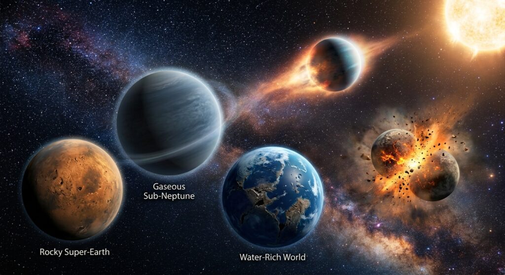 A dramatic and scientifically detailed digital illustration depicting the diverse formation and evolution of exoplanets in deep space. In the foreground, several contrasting planetary types float in a vast cosmic environment: a dense rocky super-Earth, a gaseous sub-Neptune with a faint atmospheric halo, and a bluish world that appears water-rich but reveals a fractured, collision-scarred surface beneath. Bright ultraviolet and X-ray radiation streams from a nearby star, visually stripping away the atmosphere of one planet in a photoevaporation effect. In the mid-ground, two protoplanets collide in a violent impact, ejecting rocky debris and gas clouds. A mass-radius diagram is subtly suggested through the visual arrangement of planets of varying sizes and densities. The background shows a richly detailed Milky Way starfield. The overall color palette combines deep indigo, electric blue, warm amber, and orange stellar glows, rendered in a cinematic, photorealistic space art style with high contrast and scientific accuracy.