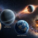 A dramatic and scientifically detailed digital illustration depicting the diverse formation and evolution of exoplanets in deep space. In the foreground, several contrasting planetary types float in a vast cosmic environment: a dense rocky super-Earth, a gaseous sub-Neptune with a faint atmospheric halo, and a bluish world that appears water-rich but reveals a fractured, collision-scarred surface beneath. Bright ultraviolet and X-ray radiation streams from a nearby star, visually stripping away the atmosphere of one planet in a photoevaporation effect. In the mid-ground, two protoplanets collide in a violent impact, ejecting rocky debris and gas clouds. A mass-radius diagram is subtly suggested through the visual arrangement of planets of varying sizes and densities. The background shows a richly detailed Milky Way starfield. The overall color palette combines deep indigo, electric blue, warm amber, and orange stellar glows, rendered in a cinematic, photorealistic space art style with high contrast and scientific accuracy.