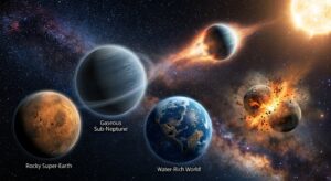A dramatic and scientifically detailed digital illustration depicting the diverse formation and evolution of exoplanets in deep space. In the foreground, several contrasting planetary types float in a vast cosmic environment: a dense rocky super-Earth, a gaseous sub-Neptune with a faint atmospheric halo, and a bluish world that appears water-rich but reveals a fractured, collision-scarred surface beneath. Bright ultraviolet and X-ray radiation streams from a nearby star, visually stripping away the atmosphere of one planet in a photoevaporation effect. In the mid-ground, two protoplanets collide in a violent impact, ejecting rocky debris and gas clouds. A mass-radius diagram is subtly suggested through the visual arrangement of planets of varying sizes and densities. The background shows a richly detailed Milky Way starfield. The overall color palette combines deep indigo, electric blue, warm amber, and orange stellar glows, rendered in a cinematic, photorealistic space art style with high contrast and scientific accuracy.