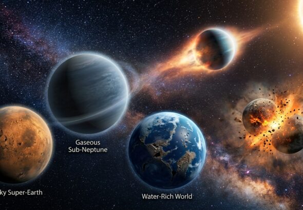 A dramatic and scientifically detailed digital illustration depicting the diverse formation and evolution of exoplanets in deep space. In the foreground, several contrasting planetary types float in a vast cosmic environment: a dense rocky super-Earth, a gaseous sub-Neptune with a faint atmospheric halo, and a bluish world that appears water-rich but reveals a fractured, collision-scarred surface beneath. Bright ultraviolet and X-ray radiation streams from a nearby star, visually stripping away the atmosphere of one planet in a photoevaporation effect. In the mid-ground, two protoplanets collide in a violent impact, ejecting rocky debris and gas clouds. A mass-radius diagram is subtly suggested through the visual arrangement of planets of varying sizes and densities. The background shows a richly detailed Milky Way starfield. The overall color palette combines deep indigo, electric blue, warm amber, and orange stellar glows, rendered in a cinematic, photorealistic space art style with high contrast and scientific accuracy.