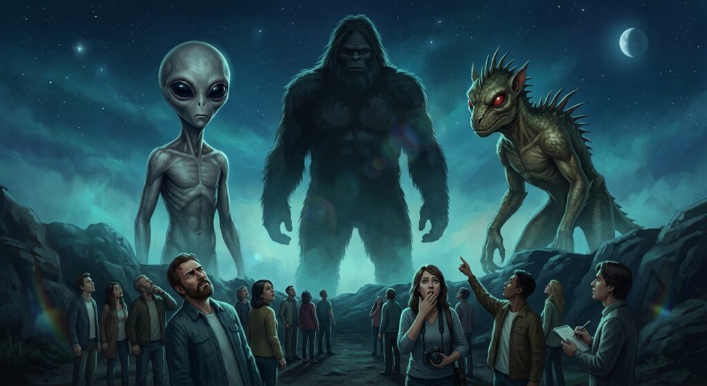 A dramatic and thought-provoking editorial illustration showing three iconic paranormal figures — a grey alien with large dark eyes, a towering dark-furred Bigfoot silhouette, and a spiny reptilian Chupacabra — arranged side by side against a deep twilight sky filled with stars. In the foreground, a diverse crowd of small American people look upward with expressions ranging from wonder to skepticism. The scene is bathed in an eerie blue-green atmospheric glow. The overall tone is serious and sociological rather than campy or humorous, rendered in a cinematic, painterly style with rich shadows and subtle lens-flare effects, evoking the tension between popular belief and scientific rationalism.