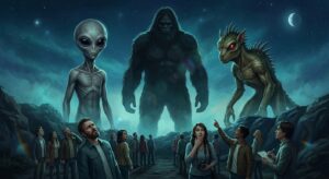 A dramatic and thought-provoking editorial illustration showing three iconic paranormal figures — a grey alien with large dark eyes, a towering dark-furred Bigfoot silhouette, and a spiny reptilian Chupacabra — arranged side by side against a deep twilight sky filled with stars. In the foreground, a diverse crowd of small American people look upward with expressions ranging from wonder to skepticism. The scene is bathed in an eerie blue-green atmospheric glow. The overall tone is serious and sociological rather than campy or humorous, rendered in a cinematic, painterly style with rich shadows and subtle lens-flare effects, evoking the tension between popular belief and scientific rationalism.