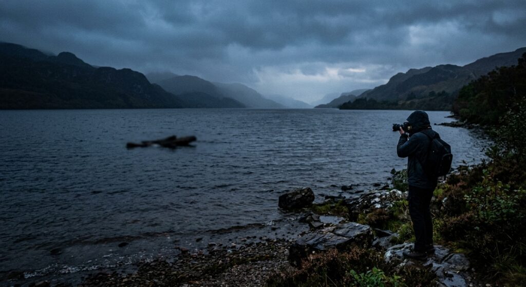 A dramatic, atmospheric photograph-style illustration of Loch Ness in Scotland at dusk, with misty, dark waters stretching into a moody horizon surrounded by rugged highland hills. In the foreground, a blurry, indistinct shape barely breaks the surface of the murky water, intentionally out of focus and ambiguous — could be a log, a wave, or something unknown. Nearby, a figure on the shore holds up a camera, capturing the elusive silhouette. The scene conveys mystery and scientific skepticism simultaneously, with the vast, unexplored depth of the loch suggesting secrets beneath. The color palette is deep blue-grey and green, evoking cold Scottish mist and twilight. Editorial, cinematic realism style with a slightly desaturated, documentary feel.
