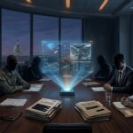 A dramatic, cinematic editorial illustration depicting a shadowy government oversight board meeting in a modern, dimly lit secure conference room in Washington D.C. Around a large oval table sit silhouetted figures representing military officials, intelligence officers, and scientists, their faces partially obscured. At the center of the table glows a holographic display showing aerial anomaly data, radar signatures, and unidentified aerial phenomenon trajectory maps. Through floor-to-ceiling windows behind them, the Washington Monument and Capitol dome are faintly visible at dusk. The atmosphere is tense and bureaucratic yet mysterious, with stacks of partially redacted documents and classified folders visible on the table. Overlapping organizational chart diagrams are projected on a side wall, deliberately blurred and fragmented to suggest institutional opacity. The color palette features deep navy blues, cold grays, and amber accent lighting, conveying the tension between official transparency and institutional secrecy. Photorealistic, high-detail editorial style.