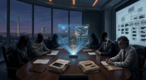 A dramatic, cinematic editorial illustration depicting a shadowy government oversight board meeting in a modern, dimly lit secure conference room in Washington D.C. Around a large oval table sit silhouetted figures representing military officials, intelligence officers, and scientists, their faces partially obscured. At the center of the table glows a holographic display showing aerial anomaly data, radar signatures, and unidentified aerial phenomenon trajectory maps. Through floor-to-ceiling windows behind them, the Washington Monument and Capitol dome are faintly visible at dusk. The atmosphere is tense and bureaucratic yet mysterious, with stacks of partially redacted documents and classified folders visible on the table. Overlapping organizational chart diagrams are projected on a side wall, deliberately blurred and fragmented to suggest institutional opacity. The color palette features deep navy blues, cold grays, and amber accent lighting, conveying the tension between official transparency and institutional secrecy. Photorealistic, high-detail editorial style.