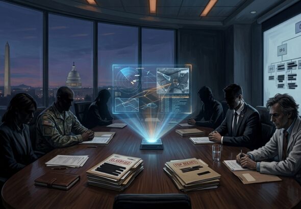A dramatic, cinematic editorial illustration depicting a shadowy government oversight board meeting in a modern, dimly lit secure conference room in Washington D.C. Around a large oval table sit silhouetted figures representing military officials, intelligence officers, and scientists, their faces partially obscured. At the center of the table glows a holographic display showing aerial anomaly data, radar signatures, and unidentified aerial phenomenon trajectory maps. Through floor-to-ceiling windows behind them, the Washington Monument and Capitol dome are faintly visible at dusk. The atmosphere is tense and bureaucratic yet mysterious, with stacks of partially redacted documents and classified folders visible on the table. Overlapping organizational chart diagrams are projected on a side wall, deliberately blurred and fragmented to suggest institutional opacity. The color palette features deep navy blues, cold grays, and amber accent lighting, conveying the tension between official transparency and institutional secrecy. Photorealistic, high-detail editorial style.