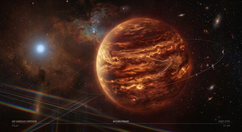 A dramatic deep-space astronomical scene depicting a large sub-stellar companion — a massive gas giant or brown dwarf — orbiting at a distance from its host star system, rendered in rich infrared tones of amber, deep red, and glowing orange. The atmosphere of the giant object shimmers with gaseous silicon monoxide, visible as faint luminous veils and molecular haze layers swirling across its cloud bands. No silicate cloud layers obscure the deep atmosphere; instead, the gaseous chemistry is raw and exposed, giving the object a semi-translucent, molten appearance. In the background, a faint stellar companion glows softly in blue-white light. The scene is observed from a high-resolution spectrographic perspective, with subtle spectral diffraction patterns rendered as delicate rainbow-like bands crossing the foreground in a scientific, editorial illustration style. The overall mood is one of discovery and cosmic chemistry, blending scientific realism with the grandeur of deep-space astrophotography. Cinematic lighting, ultra-detailed, photorealistic rendering with an astronomical observatory aesthetic.