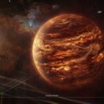 A dramatic deep-space astronomical scene depicting a large sub-stellar companion — a massive gas giant or brown dwarf — orbiting at a distance from its host star system, rendered in rich infrared tones of amber, deep red, and glowing orange. The atmosphere of the giant object shimmers with gaseous silicon monoxide, visible as faint luminous veils and molecular haze layers swirling across its cloud bands. No silicate cloud layers obscure the deep atmosphere; instead, the gaseous chemistry is raw and exposed, giving the object a semi-translucent, molten appearance. In the background, a faint stellar companion glows softly in blue-white light. The scene is observed from a high-resolution spectrographic perspective, with subtle spectral diffraction patterns rendered as delicate rainbow-like bands crossing the foreground in a scientific, editorial illustration style. The overall mood is one of discovery and cosmic chemistry, blending scientific realism with the grandeur of deep-space astrophotography. Cinematic lighting, ultra-detailed, photorealistic rendering with an astronomical observatory aesthetic.