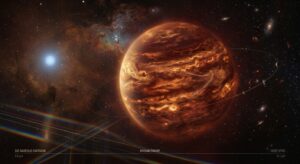 A dramatic deep-space astronomical scene depicting a large sub-stellar companion — a massive gas giant or brown dwarf — orbiting at a distance from its host star system, rendered in rich infrared tones of amber, deep red, and glowing orange. The atmosphere of the giant object shimmers with gaseous silicon monoxide, visible as faint luminous veils and molecular haze layers swirling across its cloud bands. No silicate cloud layers obscure the deep atmosphere; instead, the gaseous chemistry is raw and exposed, giving the object a semi-translucent, molten appearance. In the background, a faint stellar companion glows softly in blue-white light. The scene is observed from a high-resolution spectrographic perspective, with subtle spectral diffraction patterns rendered as delicate rainbow-like bands crossing the foreground in a scientific, editorial illustration style. The overall mood is one of discovery and cosmic chemistry, blending scientific realism with the grandeur of deep-space astrophotography. Cinematic lighting, ultra-detailed, photorealistic rendering with an astronomical observatory aesthetic.