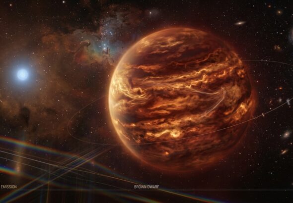 A dramatic deep-space astronomical scene depicting a large sub-stellar companion — a massive gas giant or brown dwarf — orbiting at a distance from its host star system, rendered in rich infrared tones of amber, deep red, and glowing orange. The atmosphere of the giant object shimmers with gaseous silicon monoxide, visible as faint luminous veils and molecular haze layers swirling across its cloud bands. No silicate cloud layers obscure the deep atmosphere; instead, the gaseous chemistry is raw and exposed, giving the object a semi-translucent, molten appearance. In the background, a faint stellar companion glows softly in blue-white light. The scene is observed from a high-resolution spectrographic perspective, with subtle spectral diffraction patterns rendered as delicate rainbow-like bands crossing the foreground in a scientific, editorial illustration style. The overall mood is one of discovery and cosmic chemistry, blending scientific realism with the grandeur of deep-space astrophotography. Cinematic lighting, ultra-detailed, photorealistic rendering with an astronomical observatory aesthetic.
