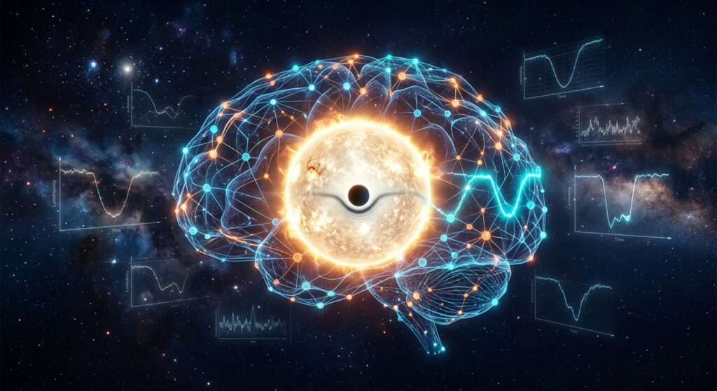 A dramatic deep-space editorial illustration showing a distant sun-like star with a small dark planetary silhouette crossing once in front of its glowing disk, subtle dimming visible as a faint dip rippling across the star's luminous surface. In the foreground, an abstract translucent neural network overlay—glowing nodes and interconnected lines resembling a digital brain or transformer architecture—wraps around the star like a predictive layer, visualizing an AI learning the star's natural light patterns. Scattered around the scene, faint ghostly outlines of light curves and waveform graphs float in space, some highlighted in bright cyan where an anomaly is detected. Background filled with a deep navy cosmic void, distant stars, and soft nebula clouds in blues and purples. Style: cinematic, high-tech scientific visualization, sleek modern sci-fi aesthetic, high contrast lighting, ultra-detailed, futuristic astronomy data visualization blended with realistic space art, no text or labels.