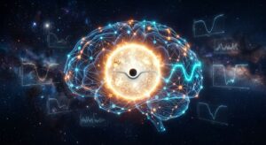 A dramatic deep-space editorial illustration showing a distant sun-like star with a small dark planetary silhouette crossing once in front of its glowing disk, subtle dimming visible as a faint dip rippling across the star's luminous surface. In the foreground, an abstract translucent neural network overlay—glowing nodes and interconnected lines resembling a digital brain or transformer architecture—wraps around the star like a predictive layer, visualizing an AI learning the star's natural light patterns. Scattered around the scene, faint ghostly outlines of light curves and waveform graphs float in space, some highlighted in bright cyan where an anomaly is detected. Background filled with a deep navy cosmic void, distant stars, and soft nebula clouds in blues and purples. Style: cinematic, high-tech scientific visualization, sleek modern sci-fi aesthetic, high contrast lighting, ultra-detailed, futuristic astronomy data visualization blended with realistic space art, no text or labels.