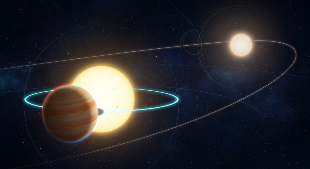 A dramatic deep-space scientific illustration showing a binary star system: a bright yellow-white star and a distant companion star glowing softly in the background, with a massive hot Jupiter exoplanet in tight orbit around the primary star, its orbital path perfectly aligned with the star's equatorial rotation plane, visualized as a glowing cyan ring. The gas giant planet shows swirling orange and beige atmospheric bands with a faint transit shadow crossing the star's surface, subtle red and blue Doppler-shifted light distortions visible at the transit edges to suggest the Rossiter-McLaughlin effect. In the background, faint trajectory lines suggest gravitational influence from the distant companion star, with elegant geometric orbital diagrams overlaid subtly in the starfield. The composition is set against a deep indigo and black cosmic background filled with distant stars and soft nebula clouds, rendered in a realistic yet slightly stylized astronomical illustration style, with clean scientific precision, high contrast lighting, and a sense of vast cosmic scale and quiet cosmic order.
