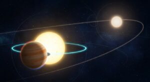 A dramatic deep-space scientific illustration showing a binary star system: a bright yellow-white star and a distant companion star glowing softly in the background, with a massive hot Jupiter exoplanet in tight orbit around the primary star, its orbital path perfectly aligned with the star's equatorial rotation plane, visualized as a glowing cyan ring. The gas giant planet shows swirling orange and beige atmospheric bands with a faint transit shadow crossing the star's surface, subtle red and blue Doppler-shifted light distortions visible at the transit edges to suggest the Rossiter-McLaughlin effect. In the background, faint trajectory lines suggest gravitational influence from the distant companion star, with elegant geometric orbital diagrams overlaid subtly in the starfield. The composition is set against a deep indigo and black cosmic background filled with distant stars and soft nebula clouds, rendered in a realistic yet slightly stylized astronomical illustration style, with clean scientific precision, high contrast lighting, and a sense of vast cosmic scale and quiet cosmic order.