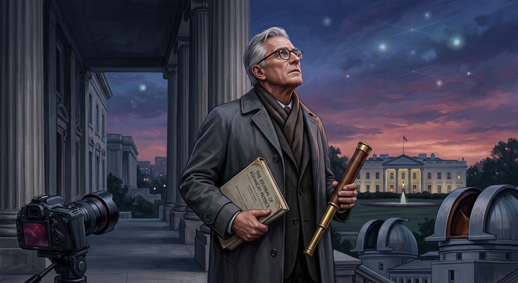 A dramatic editorial-style digital illustration depicting a distinguished silver-haired scientist standing at the threshold of a grand neoclassical government building, gazing upward at a twilight sky filled with faint, ambiguous luminous orbs and geometric light formations. The scientist holds a scientific journal and telescope, symbolizing rigorous academic inquiry. In the background, the imposing silhouette of the White House is subtly visible, blending with a star-filled deep blue and violet sky. Infrared camera equipment and multi-spectral observatory domes appear in the lower corners, grounding the scene in scientific methodology. The atmosphere is serious, intellectually charged, and slightly mysterious — neither sensationalist nor dismissive — conveying the tension between institutional authority, academic credibility, and the unresolved mystery of unidentified aerial phenomena. Cinematic lighting, photorealistic style with painterly editorial qualities.