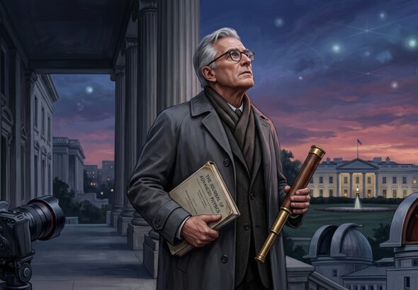 A dramatic editorial-style digital illustration depicting a distinguished silver-haired scientist standing at the threshold of a grand neoclassical government building, gazing upward at a twilight sky filled with faint, ambiguous luminous orbs and geometric light formations. The scientist holds a scientific journal and telescope, symbolizing rigorous academic inquiry. In the background, the imposing silhouette of the White House is subtly visible, blending with a star-filled deep blue and violet sky. Infrared camera equipment and multi-spectral observatory domes appear in the lower corners, grounding the scene in scientific methodology. The atmosphere is serious, intellectually charged, and slightly mysterious — neither sensationalist nor dismissive — conveying the tension between institutional authority, academic credibility, and the unresolved mystery of unidentified aerial phenomena. Cinematic lighting, photorealistic style with painterly editorial qualities.