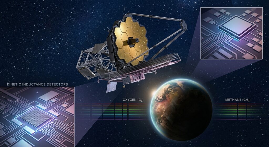 A dramatic, photorealistic space observatory concept floating in deep space, its large segmented mirror reflecting starlight, positioned near a distant exoplanetary system. In the foreground, a vivid rocky exoplanet glows softly in the habitable zone of a distant star, its thin atmosphere subtly illuminated in shades of blue and green. In the background, a vast star field stretches across the cosmos. Inset or layered into the composition, a close-up abstract visualization of superconducting detector arrays — intricate metallic microstructures with a faint cryogenic blue glow — representing kinetic inductance detectors at near-absolute-zero temperatures. Spectral absorption lines are subtly suggested as faint colored bands of light, symbolizing atmospheric biosignatures like oxygen and methane. The overall mood is scientific, awe-inspiring, and futuristic, rendered in a high-detail editorial illustration style with deep space blues, metallic silvers, and warm planetary tones.