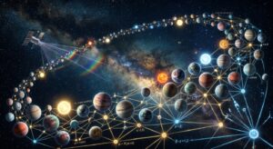 A dramatic, wide-angle digital illustration of deep space featuring a vast population of diverse exoplanets arranged in a sweeping arc across a star-filled cosmic background. In the foreground, a stylized network of glowing interconnected nodes and statistical correlation lines weaves between the planets, representing hierarchical Bayesian modeling. The planets vary in size, color, and atmospheric appearance — some with thick hazy bands, others with thin transparent envelopes — symbolizing atmospheric diversity. Their host stars glow in the background with varying warmth and metallicity, from cool orange-red dwarfs to bright yellow-white stars. A faint spectral light from a distant space telescope scans across the population, casting rainbow infrared diffraction patterns. The overall color palette is deep indigo, teal, and gold, with a scientific yet visually stunning aesthetic reminiscent of high-quality space agency concept art. The composition conveys statistical population analysis, systematic mapping, and the grandeur of planetary science at scale.