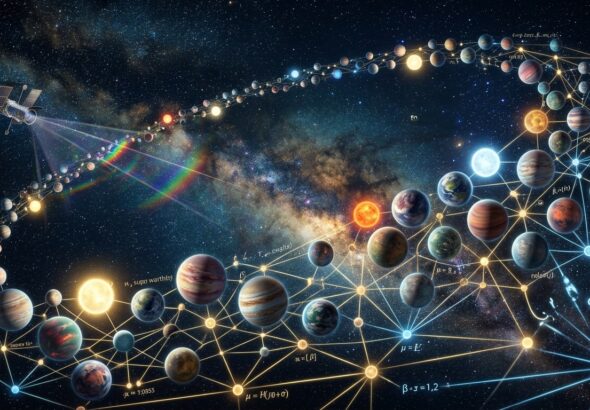 A dramatic, wide-angle digital illustration of deep space featuring a vast population of diverse exoplanets arranged in a sweeping arc across a star-filled cosmic background. In the foreground, a stylized network of glowing interconnected nodes and statistical correlation lines weaves between the planets, representing hierarchical Bayesian modeling. The planets vary in size, color, and atmospheric appearance — some with thick hazy bands, others with thin transparent envelopes — symbolizing atmospheric diversity. Their host stars glow in the background with varying warmth and metallicity, from cool orange-red dwarfs to bright yellow-white stars. A faint spectral light from a distant space telescope scans across the population, casting rainbow infrared diffraction patterns. The overall color palette is deep indigo, teal, and gold, with a scientific yet visually stunning aesthetic reminiscent of high-quality space agency concept art. The composition conveys statistical population analysis, systematic mapping, and the grandeur of planetary science at scale.