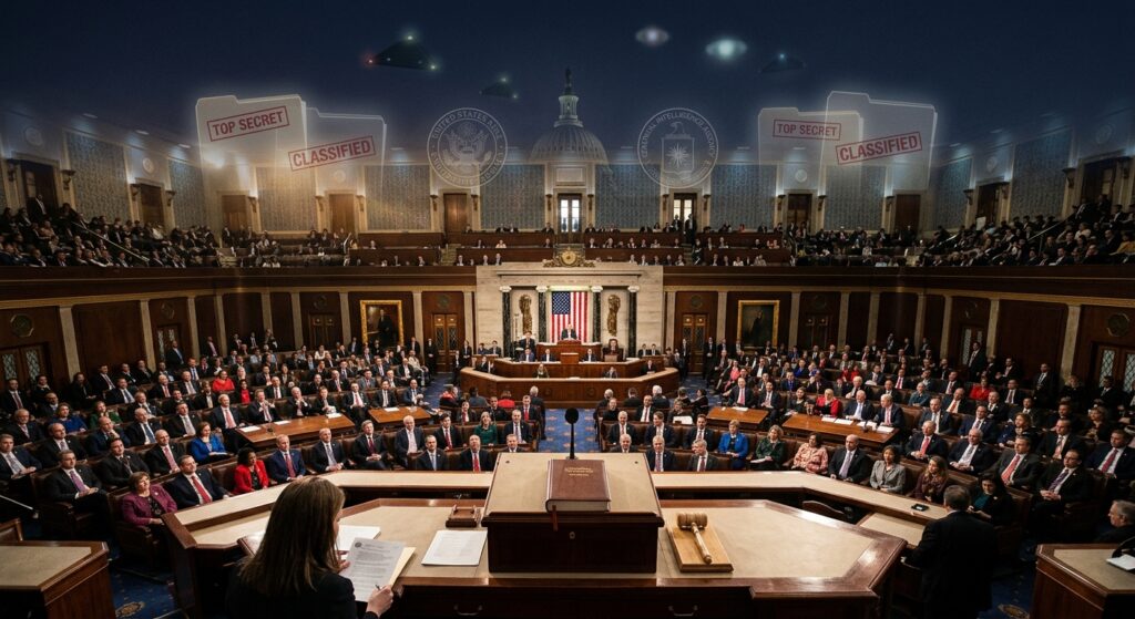 A dramatic wide-angle view of the United States House of Representatives chamber in session, bathed in warm golden light filtering through high windows, with rows of legislators seated at their desks. Above the chamber, a translucent overlay of classified document folders and government seals fades into a dark starry sky, where faint luminous aerial phenomena — silent triangles and glowing orbs — hover ambiguously at high altitude. In the foreground, a gavel rests on a legislative podium, symbolizing a historic procedural vote. The mood is formal yet charged with anticipation, blending institutional gravitas with the mystery of the unknown. Photorealistic editorial style, cinematic lighting, high detail.
