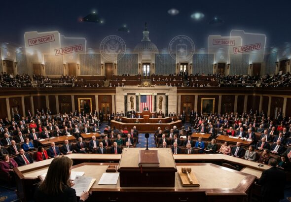 A dramatic wide-angle view of the United States House of Representatives chamber in session, bathed in warm golden light filtering through high windows, with rows of legislators seated at their desks. Above the chamber, a translucent overlay of classified document folders and government seals fades into a dark starry sky, where faint luminous aerial phenomena — silent triangles and glowing orbs — hover ambiguously at high altitude. In the foreground, a gavel rests on a legislative podium, symbolizing a historic procedural vote. The mood is formal yet charged with anticipation, blending institutional gravitas with the mystery of the unknown. Photorealistic editorial style, cinematic lighting, high detail.
