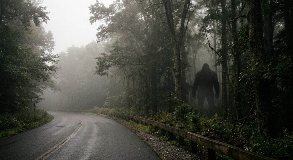A misty early morning scene along a quiet rural road in Connecticut, bordered by a vast, dense temperate forest stretching thousands of acres. Towering oaks and hemlocks loom in the pre-dawn fog, their trunks disappearing into thick undergrowth. In the distance, partially obscured by morning mist and forest shadow, a massive, dark, upright bipedal silhouette stands at the tree line — enormous in stature, broad-shouldered, covered in dark fur — glimpsed for just a moment before the forest reclaims it. The atmosphere is eerie, liminal, and deeply atmospheric, evoking genuine unease and wonder. The road is empty except for the faint suggestion of a passing vehicle's perspective. Cinematic editorial photography style, muted earth tones, soft natural light filtering through fog, high detail on the forest texture, photorealistic quality.
