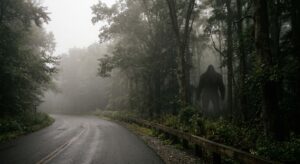 A misty early morning scene along a quiet rural road in Connecticut, bordered by a vast, dense temperate forest stretching thousands of acres. Towering oaks and hemlocks loom in the pre-dawn fog, their trunks disappearing into thick undergrowth. In the distance, partially obscured by morning mist and forest shadow, a massive, dark, upright bipedal silhouette stands at the tree line — enormous in stature, broad-shouldered, covered in dark fur — glimpsed for just a moment before the forest reclaims it. The atmosphere is eerie, liminal, and deeply atmospheric, evoking genuine unease and wonder. The road is empty except for the faint suggestion of a passing vehicle's perspective. Cinematic editorial photography style, muted earth tones, soft natural light filtering through fog, high detail on the forest texture, photorealistic quality.