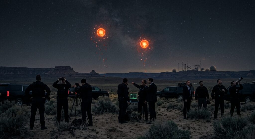 A nighttime desert landscape in the western United States under a vast starry sky, where two glowing orange spherical orbs hover in the distance, each emitting smaller flickering red orb-like particles. In the foreground, silhouettes of three separate groups of federal agents in dark tactical suits stand at a distance from one another, some raising binoculars or cameras toward the sky, their expressions a mix of awe and caution. The scene has a documentary, photorealistic style with dramatic low lighting, deep shadows, and a sense of quiet mystery. In the far background, a faint government research facility with antennas is visible against the horizon. The atmosphere should feel tense, investigative, and cinematic, evoking classified surveillance footage — muted color palette dominated by deep blues, blacks, and warm orange glow from the orbs, with subtle film grain and infrared-camera-like texture.