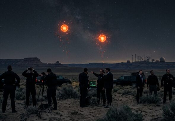 A nighttime desert landscape in the western United States under a vast starry sky, where two glowing orange spherical orbs hover in the distance, each emitting smaller flickering red orb-like particles. In the foreground, silhouettes of three separate groups of federal agents in dark tactical suits stand at a distance from one another, some raising binoculars or cameras toward the sky, their expressions a mix of awe and caution. The scene has a documentary, photorealistic style with dramatic low lighting, deep shadows, and a sense of quiet mystery. In the far background, a faint government research facility with antennas is visible against the horizon. The atmosphere should feel tense, investigative, and cinematic, evoking classified surveillance footage — muted color palette dominated by deep blues, blacks, and warm orange glow from the orbs, with subtle film grain and infrared-camera-like texture.