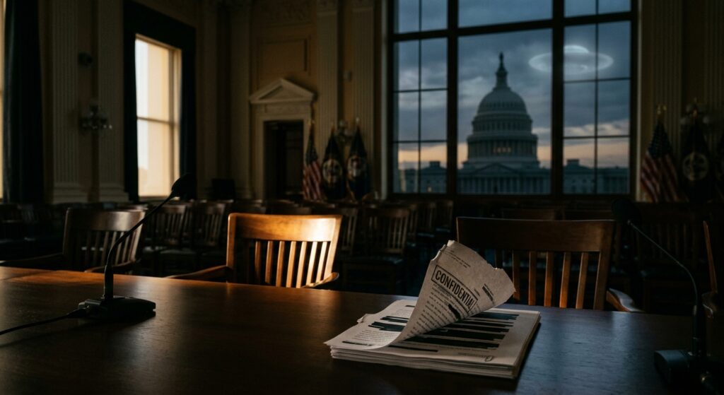A photorealistic editorial image capturing the atmosphere of institutional disclosure in Washington D.C.: a dimly lit government hearing room with empty wooden witness chairs and microphones illuminated by a single shaft of light, symbolizing testimonies about to be unsealed. In the background, blurred silhouettes of the U.S. Capitol dome are visible through tall windows at dusk. On the polished table in the foreground, a stack of redacted classified documents lies partially open, with one page showing a torn "CONFIDENTIAL" stamp being lifted away like a veil. A faint, ghostly translucent silhouette of a disc-shaped aerial phenomenon glows subtly in the night sky outside the window, suggesting mystery without confirming it. The mood is serious, cinematic, and journalistic — muted blues and golds, dramatic contrast, shallow depth of field, high-resolution documentary photography style, no visible text or logos.