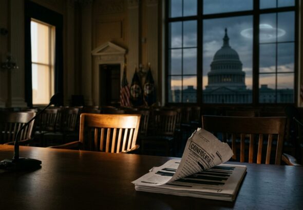 A photorealistic editorial image capturing the atmosphere of institutional disclosure in Washington D.C.: a dimly lit government hearing room with empty wooden witness chairs and microphones illuminated by a single shaft of light, symbolizing testimonies about to be unsealed. In the background, blurred silhouettes of the U.S. Capitol dome are visible through tall windows at dusk. On the polished table in the foreground, a stack of redacted classified documents lies partially open, with one page showing a torn "CONFIDENTIAL" stamp being lifted away like a veil. A faint, ghostly translucent silhouette of a disc-shaped aerial phenomenon glows subtly in the night sky outside the window, suggesting mystery without confirming it. The mood is serious, cinematic, and journalistic — muted blues and golds, dramatic contrast, shallow depth of field, high-resolution documentary photography style, no visible text or logos.