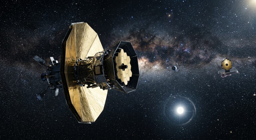 Editorial space illustration of a sleek space telescope with a large golden sunshield and a 2.4-meter primary mirror, drifting silently through the darkness of deep space toward the L2 Lagrange point, Earth and Moon small and distant in the background. The telescope observes a vast, glittering starfield representing the dense galactic bulge, with subtle gravitational lensing light distortions bending around a bright foreground star, hinting at hidden exoplanets and rogue worlds. In the far distance, a second telescope reminiscent of a hexagonal-mirrored infrared observatory shares the same orbital neighborhood, suggesting cosmic collaboration. The scene is rendered in a realistic yet cinematic space-art style, deep blacks, cool blues, and warm gold accents, high detail, dramatic lighting, sense of scale and scientific wonder, no text or logos.