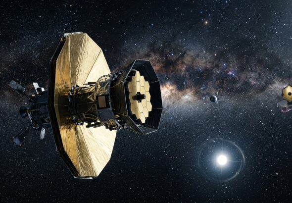 Editorial space illustration of a sleek space telescope with a large golden sunshield and a 2.4-meter primary mirror, drifting silently through the darkness of deep space toward the L2 Lagrange point, Earth and Moon small and distant in the background. The telescope observes a vast, glittering starfield representing the dense galactic bulge, with subtle gravitational lensing light distortions bending around a bright foreground star, hinting at hidden exoplanets and rogue worlds. In the far distance, a second telescope reminiscent of a hexagonal-mirrored infrared observatory shares the same orbital neighborhood, suggesting cosmic collaboration. The scene is rendered in a realistic yet cinematic space-art style, deep blacks, cool blues, and warm gold accents, high detail, dramatic lighting, sense of scale and scientific wonder, no text or logos.