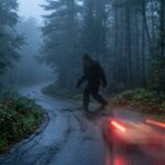 A dense, misty pre-dawn forest scene in rural New England, tall pines and hardwoods crowding a narrow paved road disappearing into fog. In the middle distance, a massive dark bipedal silhouette is captured mid-stride crossing the road, partially obscured by shadow and morning haze, deliberately ambiguous and unclear. Faint red glow of car brake lights illuminates the wet asphalt in the foreground, with a blurred motion streak suggesting sudden braking. Thick undergrowth and ferns line the roadside, dew glistening in the low light. The atmosphere is tense and mysterious, cinematic realism with muted greens, grays, and cool blue-dawn tones, shallow depth of field emphasizing the eerie unknown figure against the dense wilderness backdrop. No text, no logos.