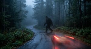 A dense, misty pre-dawn forest scene in rural New England, tall pines and hardwoods crowding a narrow paved road disappearing into fog. In the middle distance, a massive dark bipedal silhouette is captured mid-stride crossing the road, partially obscured by shadow and morning haze, deliberately ambiguous and unclear. Faint red glow of car brake lights illuminates the wet asphalt in the foreground, with a blurred motion streak suggesting sudden braking. Thick undergrowth and ferns line the roadside, dew glistening in the low light. The atmosphere is tense and mysterious, cinematic realism with muted greens, grays, and cool blue-dawn tones, shallow depth of field emphasizing the eerie unknown figure against the dense wilderness backdrop. No text, no logos.
