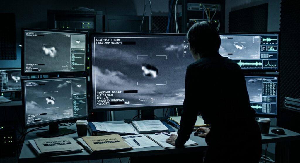 A dim, high-tech video analysis lab at night, multiple large monitors displaying grainy black-and-white infrared aerial footage of an ambiguous flying object against a dark sky, thin white targeting reticles and incomplete data overlays with redacted blacked-out metadata fields flickering on screen, a silhouetted researcher studying the frozen frames, scattered printed documents and government-style folders stamped with redaction bars on a desk nearby, cool blue and green monitor glow illuminating the room, atmosphere of scientific scrutiny and unresolved mystery, photorealistic editorial illustration style, sense of technological rigor meeting incomplete evidence.