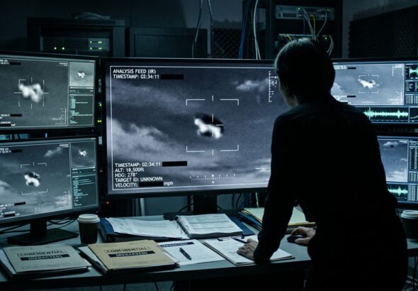 A dim, high-tech video analysis lab at night, multiple large monitors displaying grainy black-and-white infrared aerial footage of an ambiguous flying object against a dark sky, thin white targeting reticles and incomplete data overlays with redacted blacked-out metadata fields flickering on screen, a silhouetted researcher studying the frozen frames, scattered printed documents and government-style folders stamped with redaction bars on a desk nearby, cool blue and green monitor glow illuminating the room, atmosphere of scientific scrutiny and unresolved mystery, photorealistic editorial illustration style, sense of technological rigor meeting incomplete evidence.