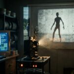 A dimly lit archival viewing room, an old film projector casting a flickering beam of light across a dusty screen, projecting a grainy, scratched black-and-white film reel showing the shadowy silhouette of a strange thin humanoid figure frozen mid-frame. Layers of degraded film grain, timecode digits glowing faintly at the bottom of the projected image, dust particles floating in the projector light. On one side of the room, an old CRT monitor displays cold blue forensic analysis overlays, waveform graphs, and pixelated zoom grids dissecting the same footage, as if two eras of investigation coexist. Behind the screen, a faint ghostly double-exposure suggests a second, more modern digital video bleeding through, its edges too smooth and uncannily perfect compared to the vintage grain beside it. The atmosphere is mysterious, skeptical, and clinical at once — heavy shadows, cool teal and amber lighting contrast, dust motes in the projector beam, a sense of unresolved mystery layered with quiet forensic scrutiny. Photorealistic, cinematic, moody editorial illustration style, high detail, no text or logos visible anywhere in the image.