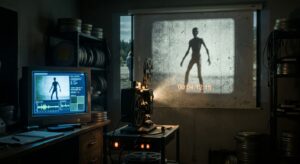 A dimly lit archival viewing room, an old film projector casting a flickering beam of light across a dusty screen, projecting a grainy, scratched black-and-white film reel showing the shadowy silhouette of a strange thin humanoid figure frozen mid-frame. Layers of degraded film grain, timecode digits glowing faintly at the bottom of the projected image, dust particles floating in the projector light. On one side of the room, an old CRT monitor displays cold blue forensic analysis overlays, waveform graphs, and pixelated zoom grids dissecting the same footage, as if two eras of investigation coexist. Behind the screen, a faint ghostly double-exposure suggests a second, more modern digital video bleeding through, its edges too smooth and uncannily perfect compared to the vintage grain beside it. The atmosphere is mysterious, skeptical, and clinical at once — heavy shadows, cool teal and amber lighting contrast, dust motes in the projector beam, a sense of unresolved mystery layered with quiet forensic scrutiny. Photorealistic, cinematic, moody editorial illustration style, high detail, no text or logos visible anywhere in the image.