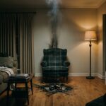 A dimly lit, quiet living room at night, photographed in a moody, documentary editorial style. In the center, an old armchair sits with a scorched, blackened patch on the floor beneath it and a dark soot stain rising to the ceiling directly above, while the rest of the room—furniture, curtains, walls—remains completely undamaged and undisturbed. Wisps of faint smoke curl upward in a narrow column. The lighting is low and atmospheric, with a single warm lamp casting long shadows, evoking mystery and forensic intrigue rather than horror. A slightly desaturated, cinematic color palette with deep shadows and amber highlights, shot as if for an investigative documentary or true-crime magazine feature, ultra-realistic, high detail, 35mm film grain.