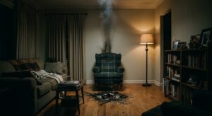 A dimly lit, quiet living room at night, photographed in a moody, documentary editorial style. In the center, an old armchair sits with a scorched, blackened patch on the floor beneath it and a dark soot stain rising to the ceiling directly above, while the rest of the room—furniture, curtains, walls—remains completely undamaged and undisturbed. Wisps of faint smoke curl upward in a narrow column. The lighting is low and atmospheric, with a single warm lamp casting long shadows, evoking mystery and forensic intrigue rather than horror. A slightly desaturated, cinematic color palette with deep shadows and amber highlights, shot as if for an investigative documentary or true-crime magazine feature, ultra-realistic, high detail, 35mm film grain.