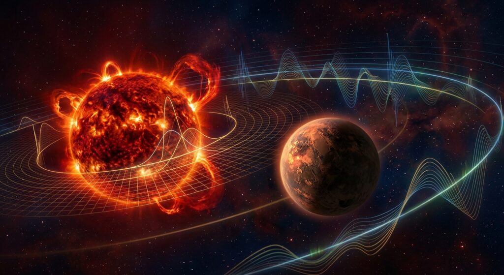 A dramatic scientific visualization of a small rocky exoplanet orbiting close to a dim red dwarf star, set against a deep starfield of infrared-toned space. The red dwarf glows with intense crimson and orange stellar flares erupting from its surface, casting faint light on the planet's rocky, potentially habitable surface. Overlaid on the scene, translucent holographic spectral lines and wave patterns ripple across the image, representing radial velocity data and light spectroscopy analysis. Subtle glowing data-grid overlays and probability distribution curves emanate from the star, symbolizing Bayesian inference and AI-driven signal extraction from stellar noise. The composition blends realistic astronomical rendering with abstract digital analysis elements, in a high-detail, editorial science illustration style, dark cosmic background with rich reds, deep blues, and glowing gold accents, evoking precision astrophysics and cutting-edge computational astronomy.