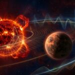 A dramatic scientific visualization of a small rocky exoplanet orbiting close to a dim red dwarf star, set against a deep starfield of infrared-toned space. The red dwarf glows with intense crimson and orange stellar flares erupting from its surface, casting faint light on the planet's rocky, potentially habitable surface. Overlaid on the scene, translucent holographic spectral lines and wave patterns ripple across the image, representing radial velocity data and light spectroscopy analysis. Subtle glowing data-grid overlays and probability distribution curves emanate from the star, symbolizing Bayesian inference and AI-driven signal extraction from stellar noise. The composition blends realistic astronomical rendering with abstract digital analysis elements, in a high-detail, editorial science illustration style, dark cosmic background with rich reds, deep blues, and glowing gold accents, evoking precision astrophysics and cutting-edge computational astronomy.
