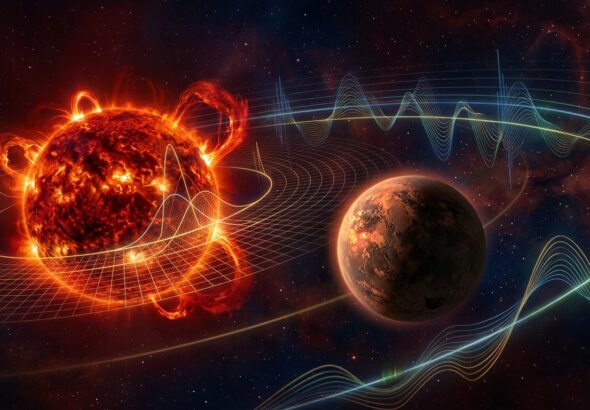 A dramatic scientific visualization of a small rocky exoplanet orbiting close to a dim red dwarf star, set against a deep starfield of infrared-toned space. The red dwarf glows with intense crimson and orange stellar flares erupting from its surface, casting faint light on the planet's rocky, potentially habitable surface. Overlaid on the scene, translucent holographic spectral lines and wave patterns ripple across the image, representing radial velocity data and light spectroscopy analysis. Subtle glowing data-grid overlays and probability distribution curves emanate from the star, symbolizing Bayesian inference and AI-driven signal extraction from stellar noise. The composition blends realistic astronomical rendering with abstract digital analysis elements, in a high-detail, editorial science illustration style, dark cosmic background with rich reds, deep blues, and glowing gold accents, evoking precision astrophysics and cutting-edge computational astronomy.